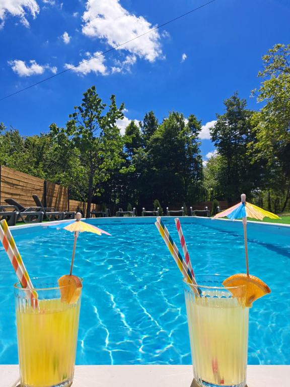two cocktails sitting on a table next to a swimming pool at Apartments Villa Mavi in Plitvička Jezera