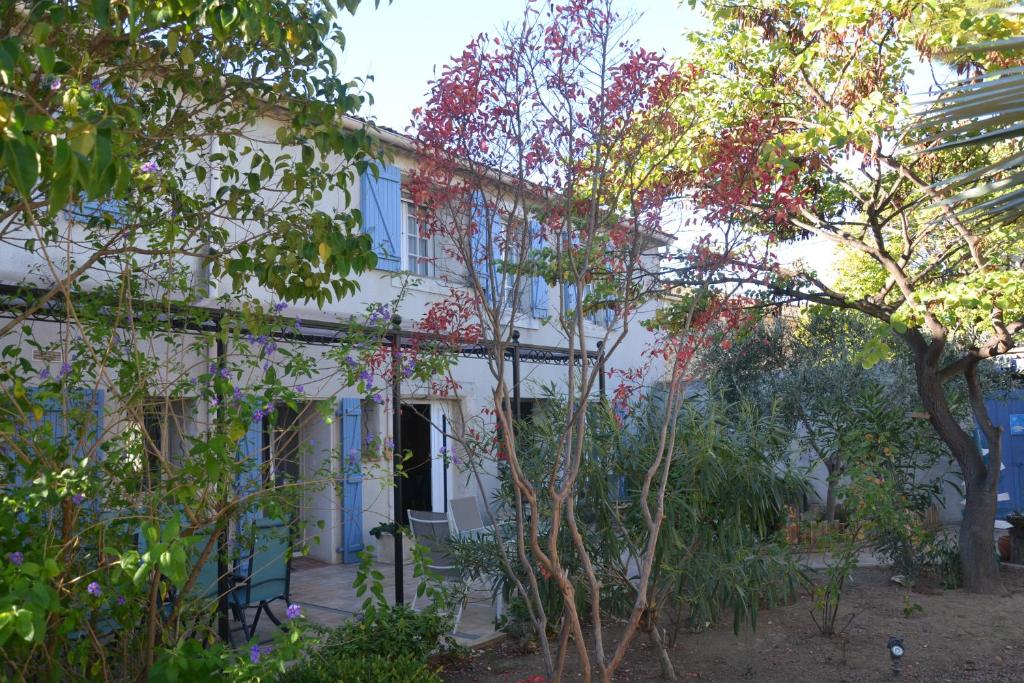 una vieja casa blanca con ventanas azules y árboles en Le colibri bleu, en Argeliers