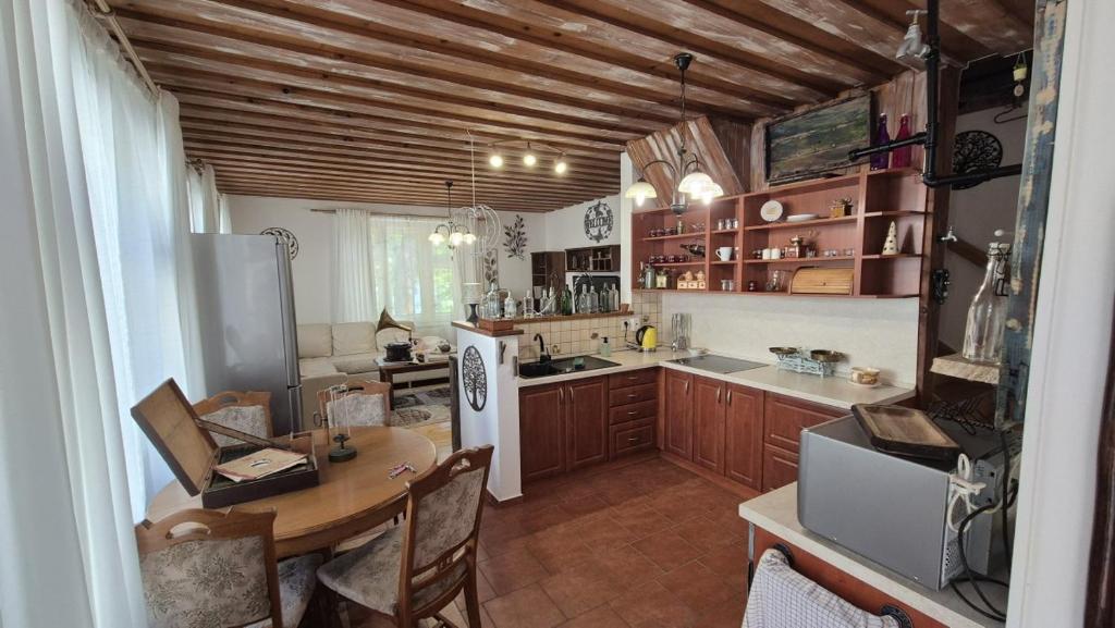 una cocina con una mesa y un refrigerador en Romantic House in Botanic Garden, en Banská Štiavnica