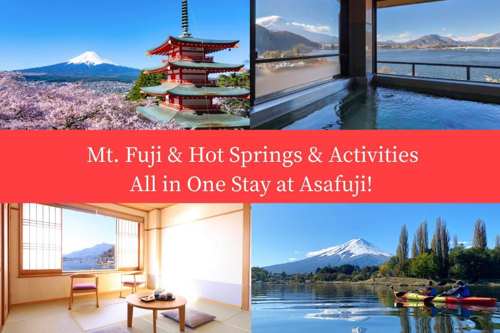 uma colagem de fotos de um hotel com vista para a montanha em Hotel Asafuji em Fujikawaguchiko