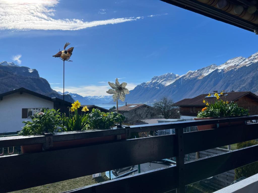 a bird flying over a balcony with mountains at Ferienwohnung Sonnenseite Brienz in Brienz