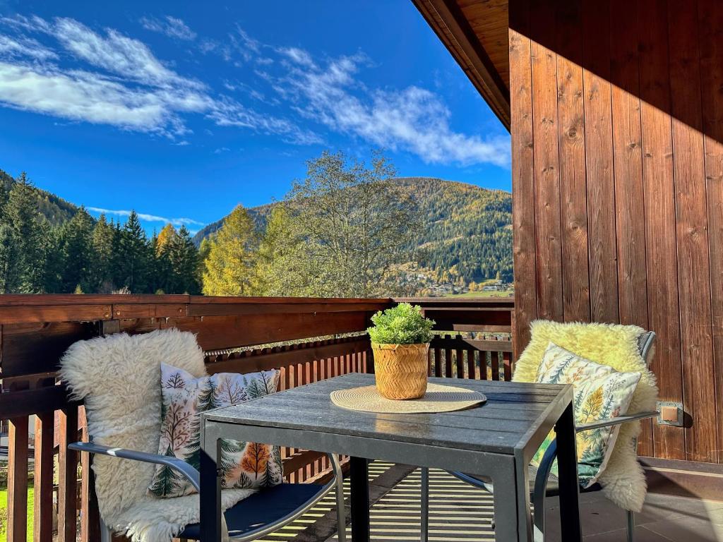 巴德小基希海姆Maibrunn apartment Dali, ski-in&out的观景甲板上的桌椅