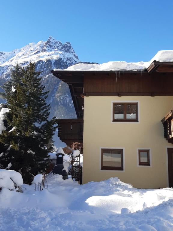 a house in the snow with a tree and a mountain at Appartements Kuprian in Längenfeld