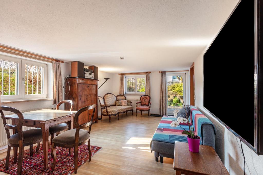 a living room with a tv and a table and chairs at Zwei-Zimmer-Wohnung in Schopfheim in Schopfheim