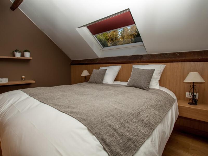 a bedroom with a large white bed with a skylight at La maison d'emile in Masnuy-Saint-Jean