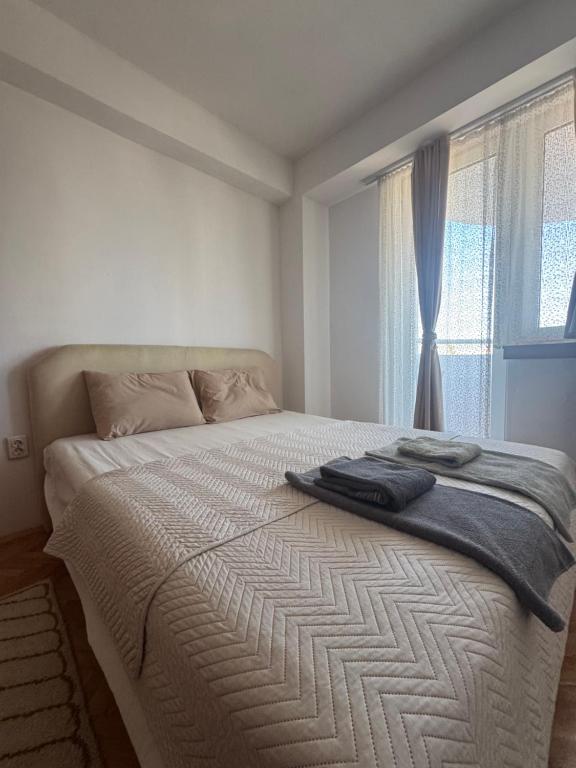 sypialnia z dużym łóżkiem i oknem w obiekcie Alex Apartment w mieście Skopje