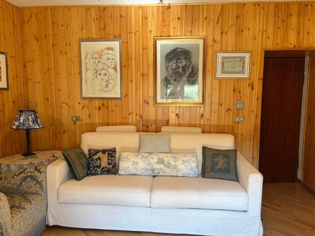 sala de estar con sofá en una habitación con paredes de madera en Nila's nest, en SantʼAnna Pelago