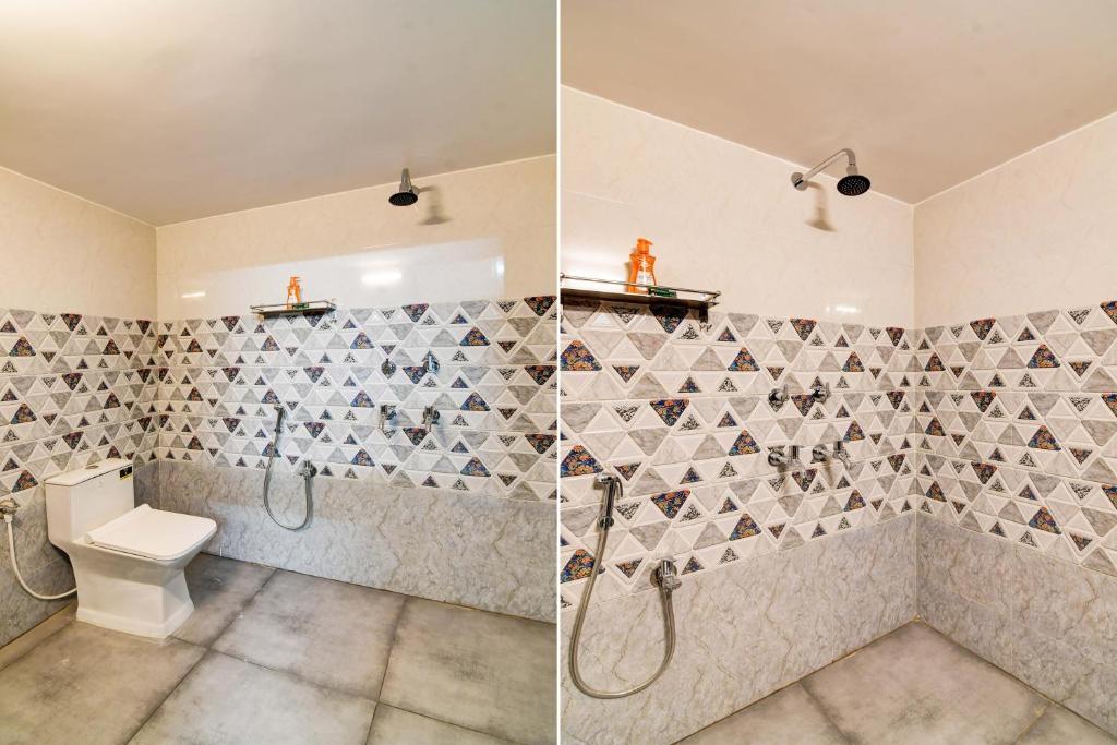 two pictures of a bathroom with a toilet and shower at Hotel O SS INN Hotels & Homes in Bhubaneshwar