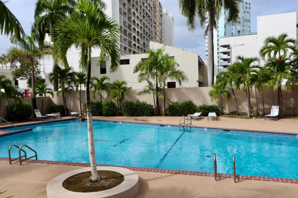 a swimming pool with a palm tree in a hotel at Isla Verde Serenity by the Sea in San Juan