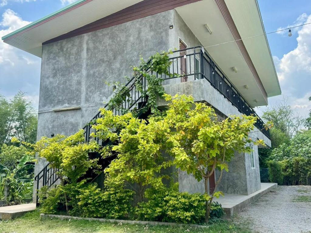 a building with a staircase next to a tree at The Poom Garden Khao Yai in Ban Khanong Phra Klang (1)