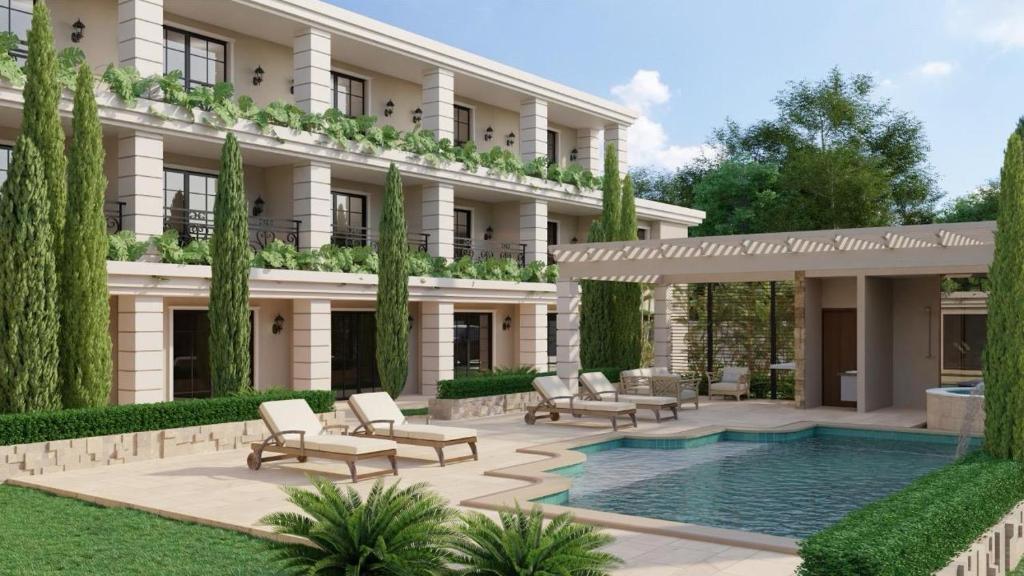 a rendering of the exterior of a hotel with a swimming pool at Solena in Camburi