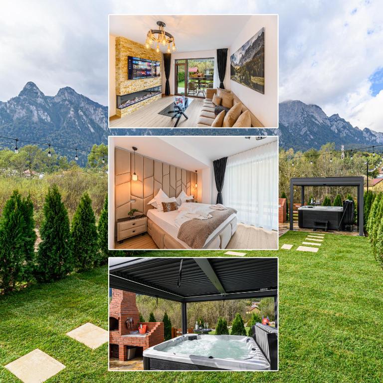 a collage of pictures of a hotel with mountains at Ama Garden Spa Apartment Busteni in Buşteni