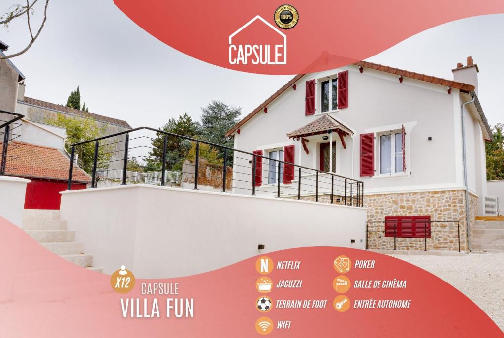 une maison avec un panneau devant dans l'établissement Capsule Villa Fun Jacuzzi cinéma Foot Poker Console, à Mareil-Marly