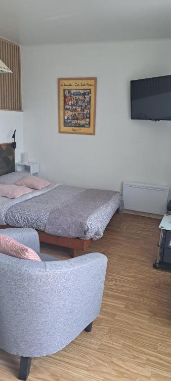 a living room with two beds and a couch at 50 m des cures joli studio Audrey rénové parking wifi in Amélie-les-Bains-Palalda