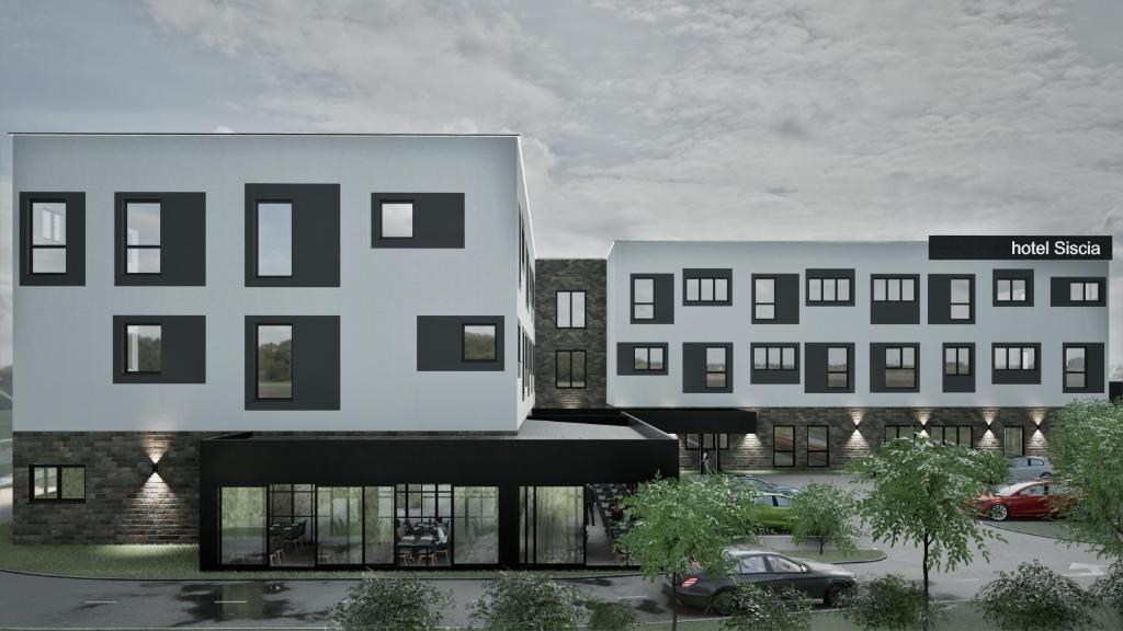 a rendering of a building next to a parking lot at Hotel Siscia in Sisak