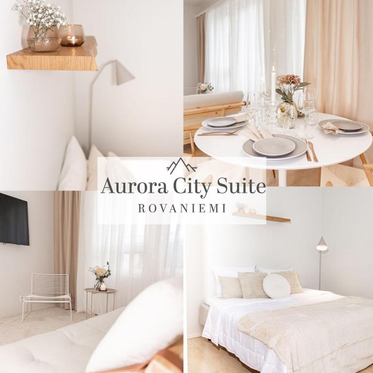 a collage of photos of a bedroom and a apartment at Aurora Suite, Rovaniemi city center in Rovaniemi