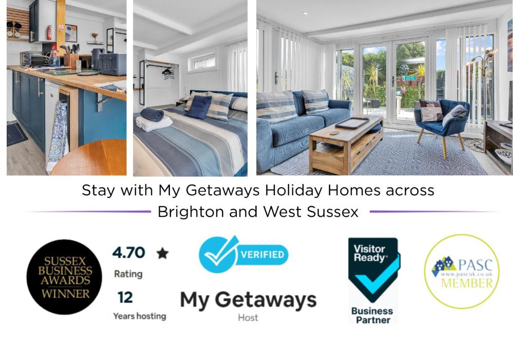 a collage of three pictures of a bedroom and a living room at Garden Lodge With Parking By My Getaways in Rottingdean