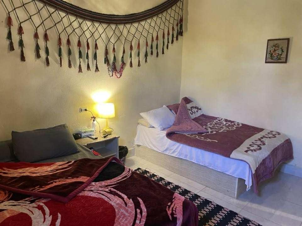 Un dormitorio con dos camas y un espejo. en Roof Tunis, en Tunis