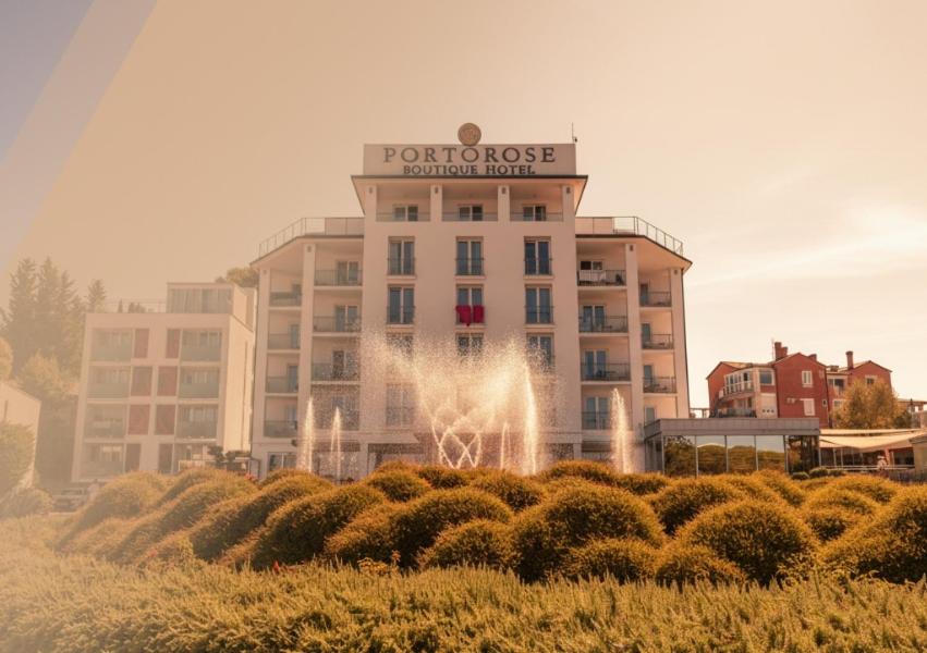 a hotel with a fountain in front of a building at Boutique Hotel Portorose in Portorož