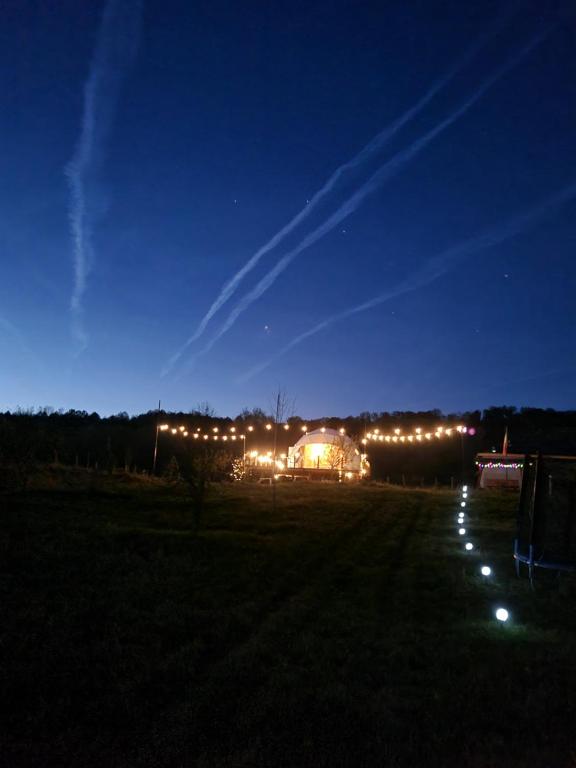 un bâtiment avec des lumières dans un champ la nuit dans l'établissement GlampingDenis Igloo, à Mihăeşti