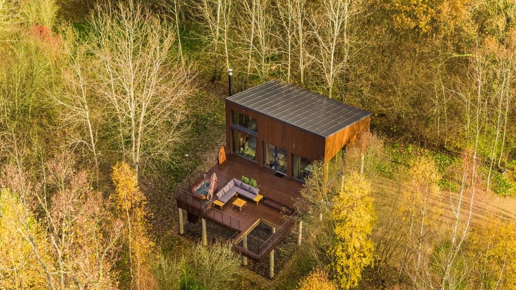 eine Draufsicht auf ein Haus im Wald in der Unterkunft Ramiau - su gamta in Kareivonys