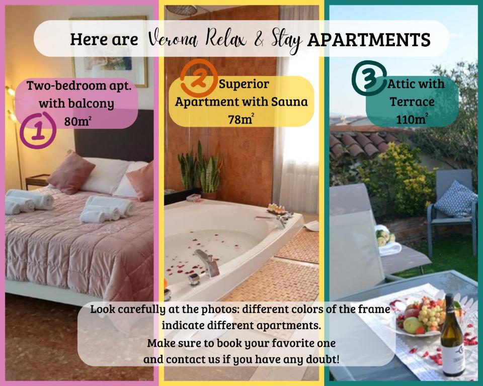 - un collage de photos d'une chambre avec un lit et une baignoire dans l'établissement Verona Relax & Stay APARTMENTS, à Vérone