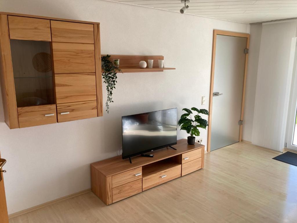soggiorno con TV a schermo piatto e mobile in legno di Ferienwohnung Hofstatt a Dürbheim