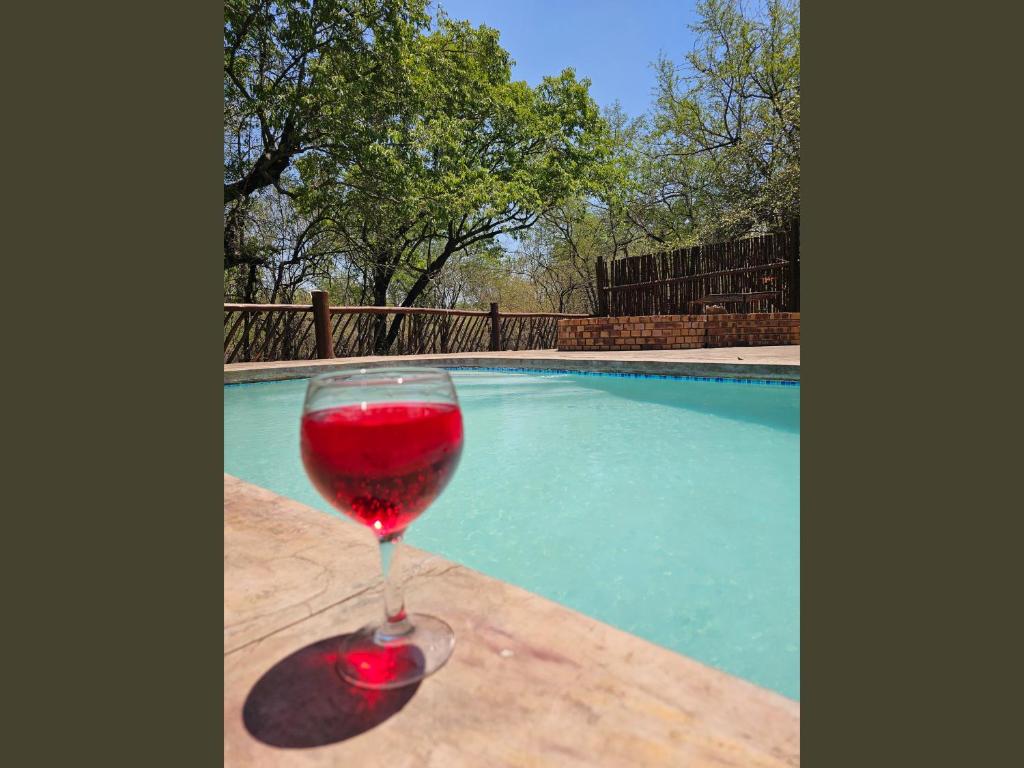 ein Glas Rotwein neben einem Swimmingpool in der Unterkunft Kruger Boutique Backpackers in Marloth Park