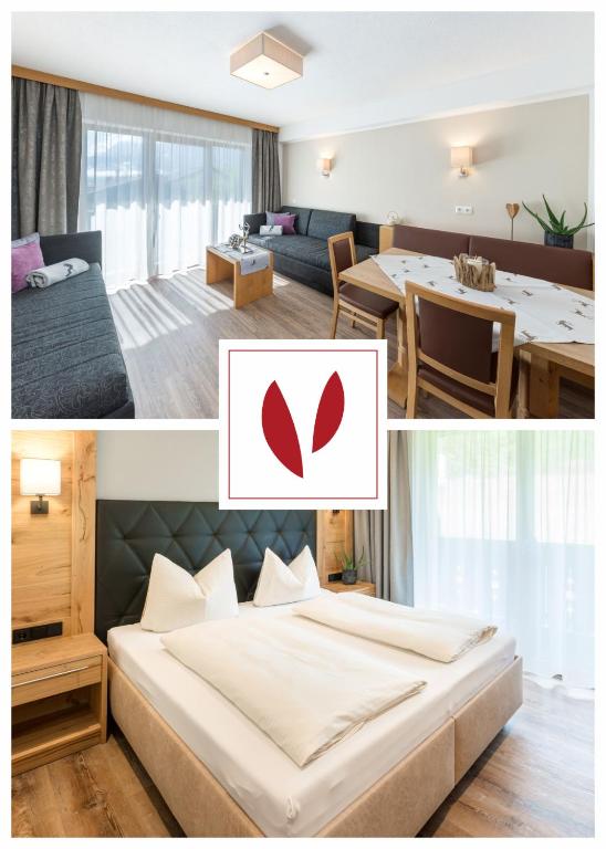 a hotel room with a bed and a dining room at BIRKENHOF premium apart & suites in Lermoos