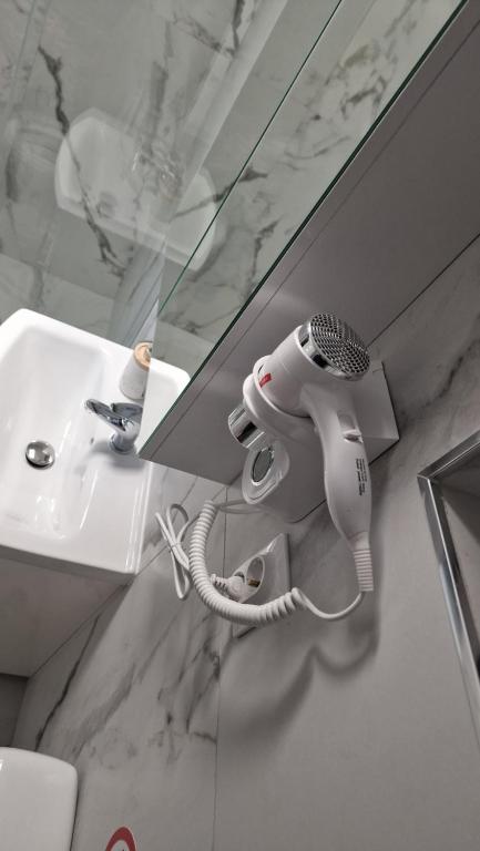 ブライラにあるLa Olteanuの洗面台の横の壁にヘアドライヤーが置かれている