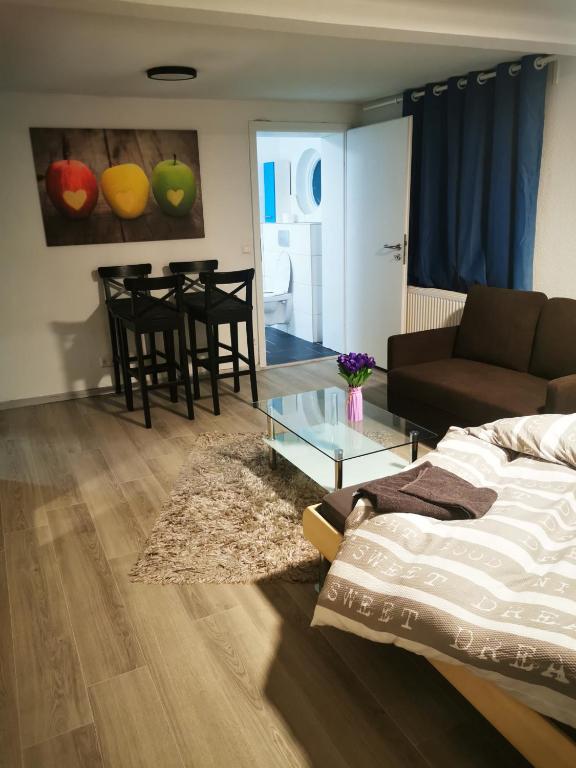 a living room with a couch and a glass table at Modernes Studio in Sonderheim-Germersheim in Germersheim