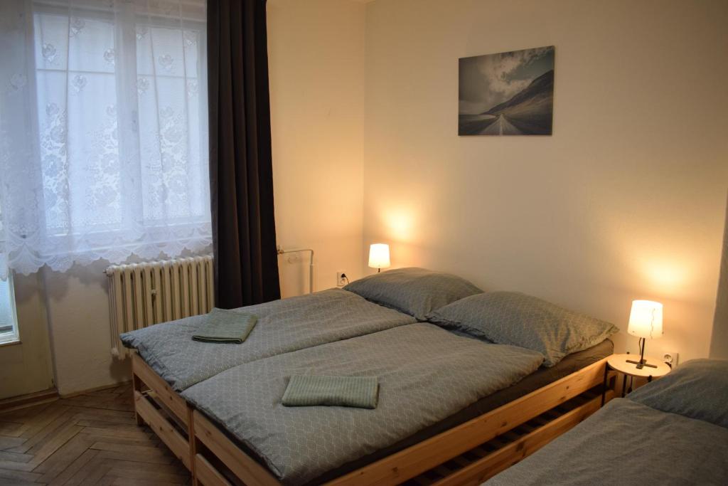 ein Schlafzimmer mit zwei Einzelbetten und einem Fenster in der Unterkunft DáMa in Ružomberok