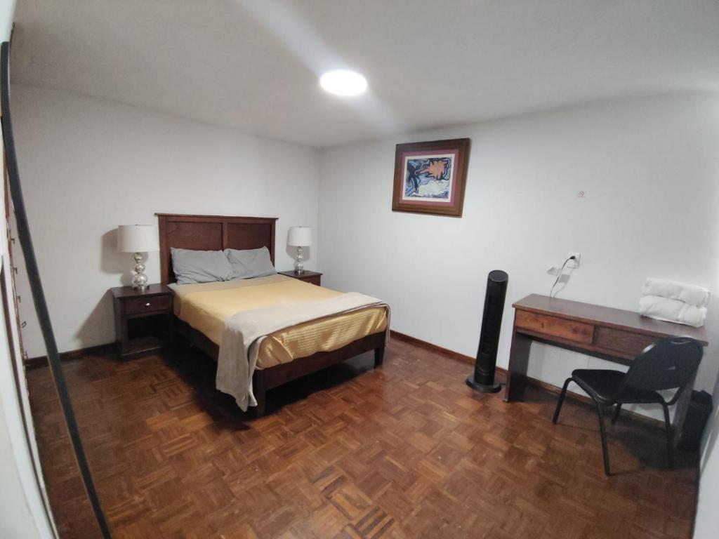 a bedroom with a bed and a desk and a chair at Casa Tigris in Mexico City