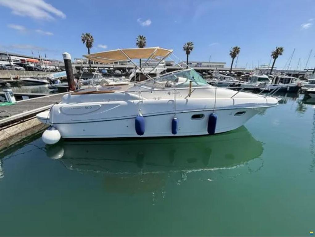 ein weißes Boot, das an einem Dock im Wasser parkt in der Unterkunft Barco Marina de Cascais in Cascais
