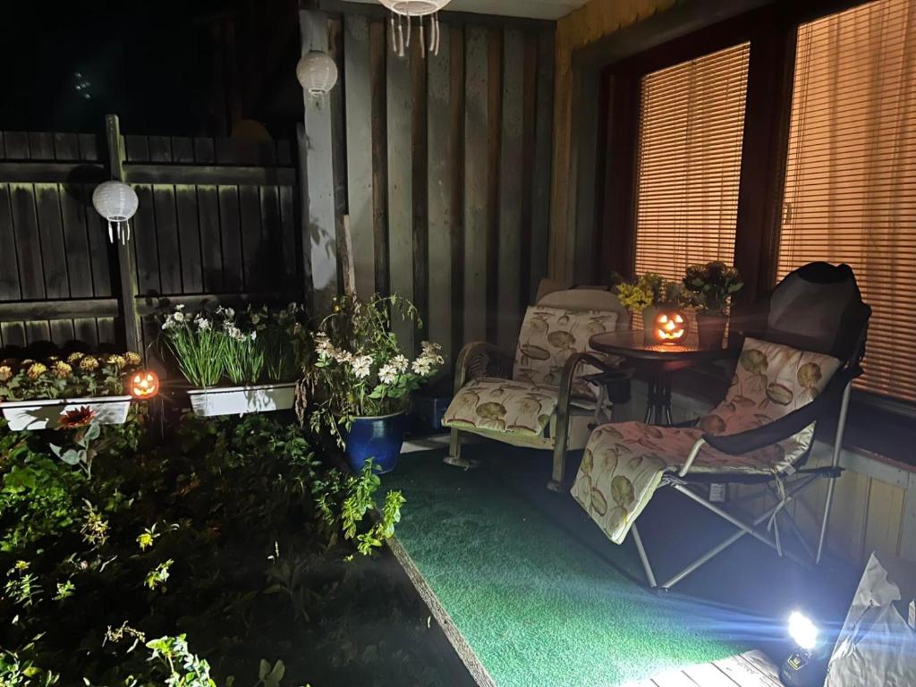 FårösundにあるFärösund Sommarのパティオ(椅子2脚、テーブル、植物付)