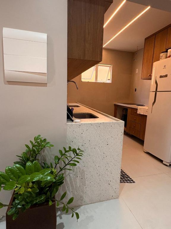 een keuken met een spoelbak en een koelkast bij Apartment - Metropolitan Region of Belém in Ananindeua