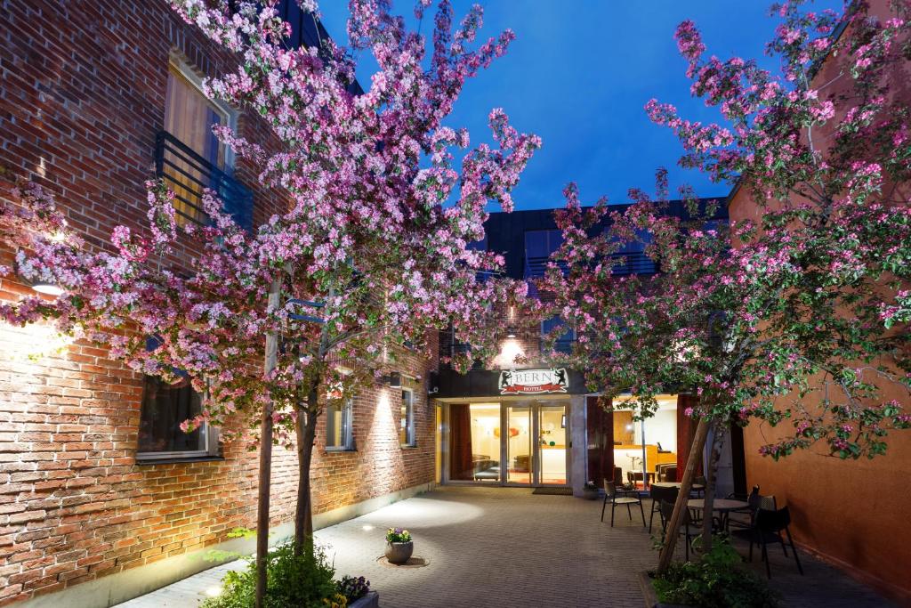 Brick courtyard with flowering trees, pink blooms, outdoor seating and 'Bern's Hotel' entrance at dusk at Hotel Bern by Rikas Hotels in Tallinn