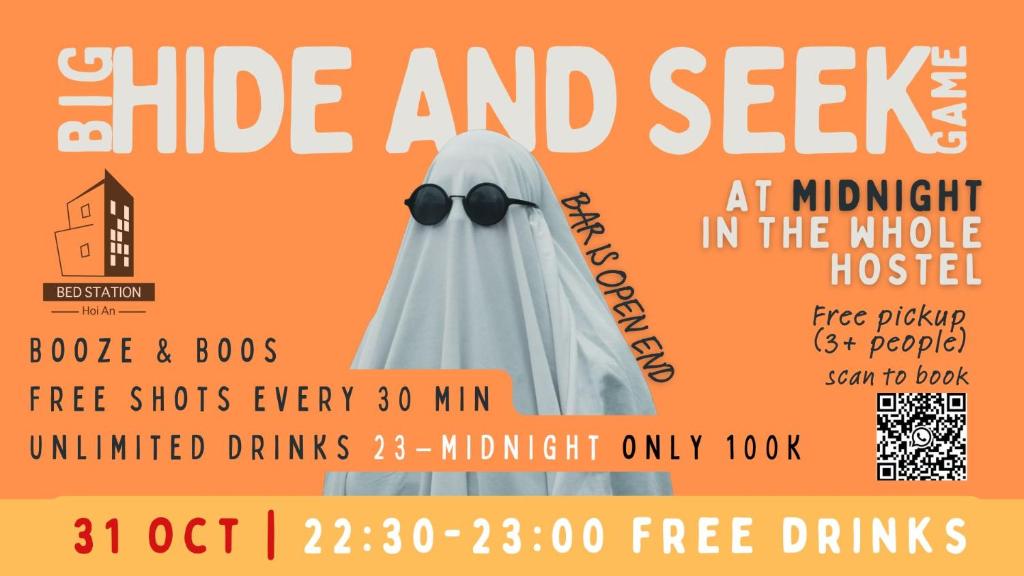 a flyer for a trick or treating event with a ghost at Bed Station Hostel & Pool Bar Hội An " Former Sunflower" in Hoi An