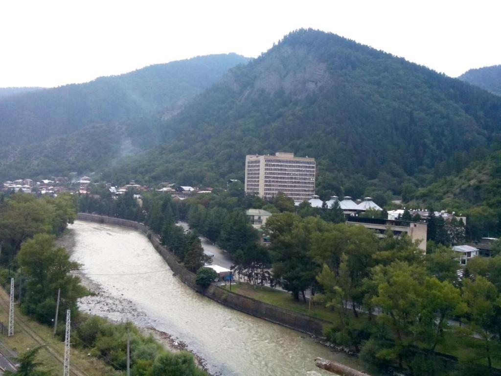 - une vue sur une rivière avec une ville et des montagnes dans l'établissement Apartment Erekle, à Bordjomi