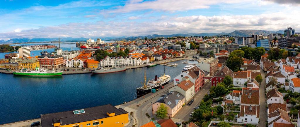 an aerial view of a city with a river at A Place To Stay Stavanger, apartment 6 in Stavanger