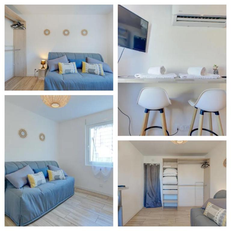a collage of four pictures of a living room at Studio avec place de parking in Veigné
