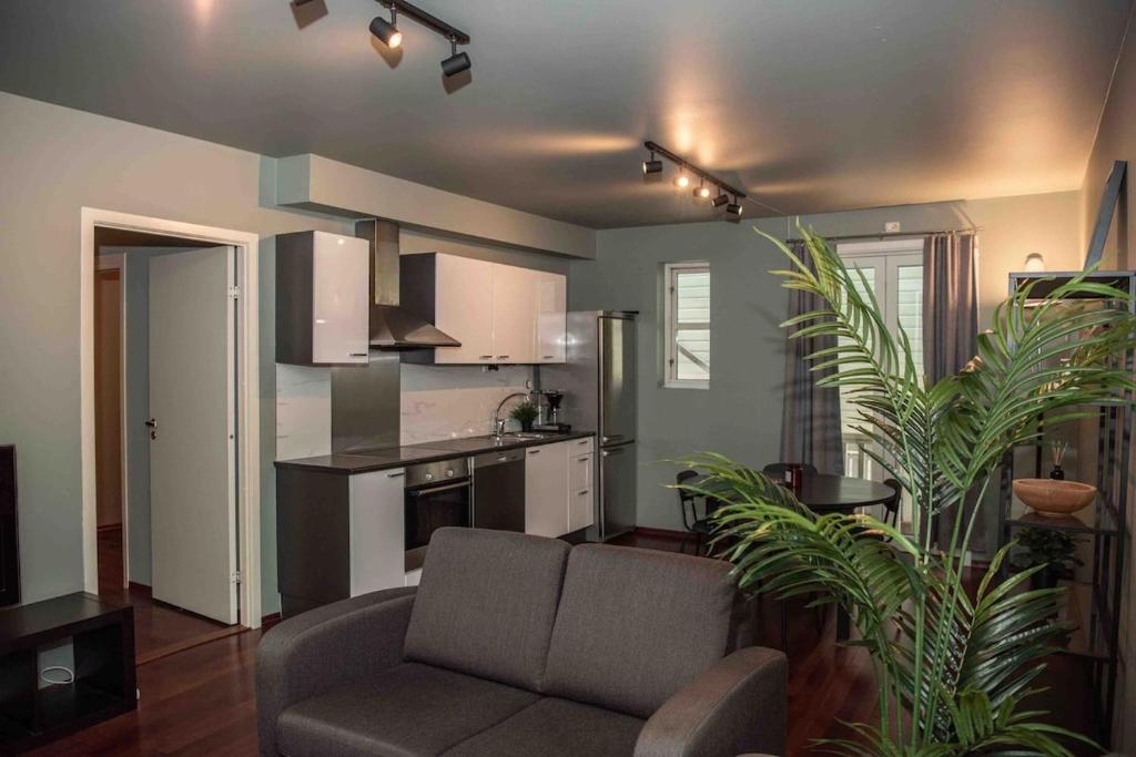 a living room with a couch and a kitchen at Stvg centre, Heart of the city, 3 Bedroom in Stavanger