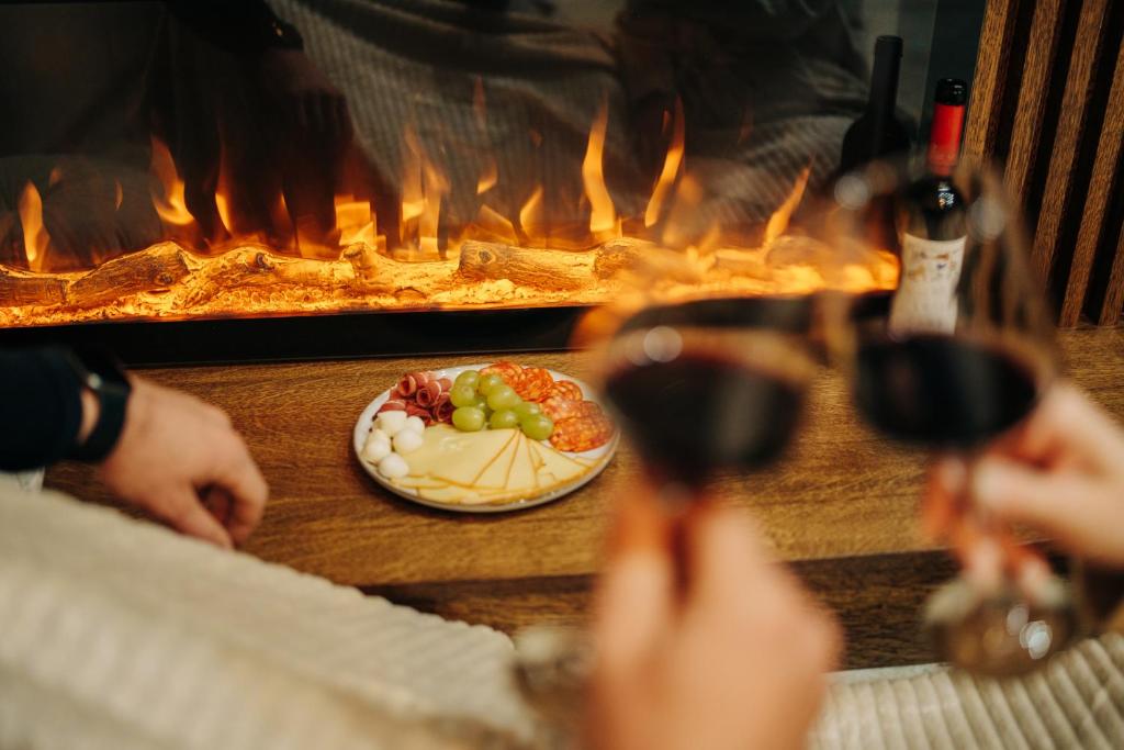 a person holding a glass of wine and a plate of food at Zsizell Lux Apartman in Kanjiža