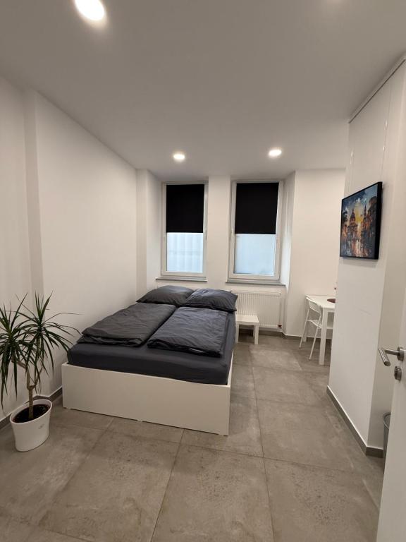 a bedroom with a bed and a table and windows at Schönes Zimmer-1 in Stuttgart-Mitte in Stuttgart