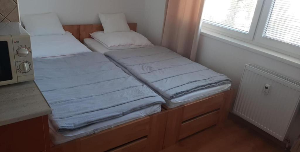 巴尔代约夫Byt v centre mesta的一间带窗户的小房间里有两张床