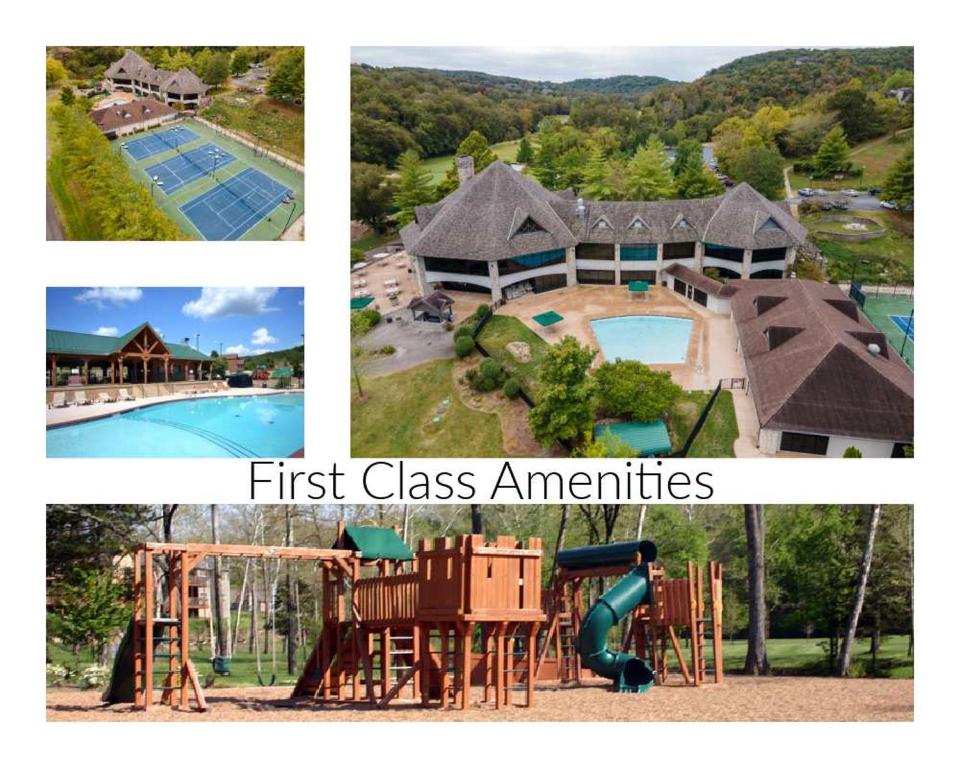 a collage of pictures of a resort with a playground at Creekside - 2 BDR Resort Cabin in Epic Location in Branson West