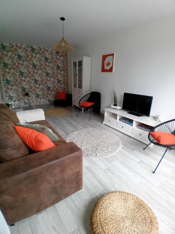 a living room with a couch and a tv at Le Germini in Mirecourt