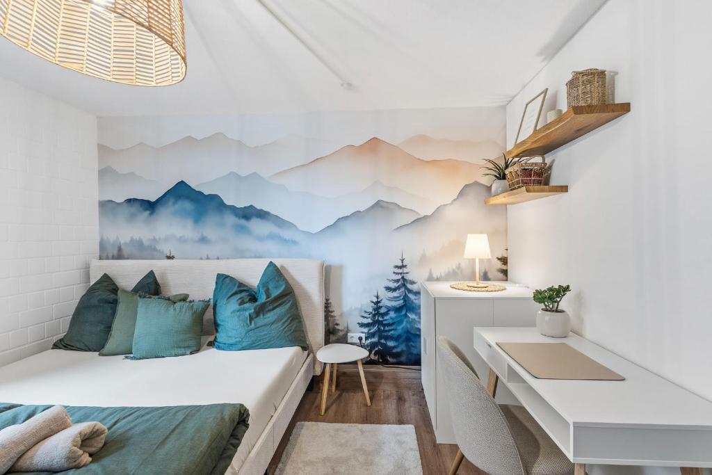 Ένα ή περισσότερα κρεβάτια σε δωμάτιο στο Ferienwohnung Wipfelglück mit Pool und Sauna