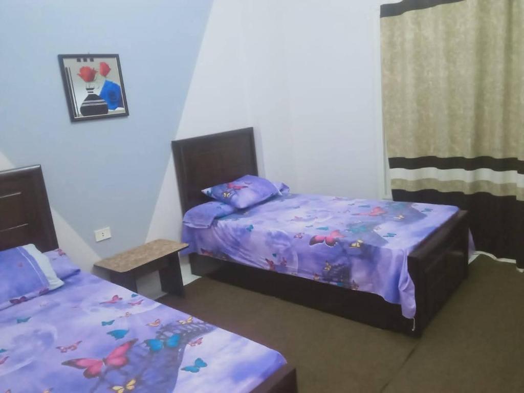 1 Schlafzimmer mit 2 Betten und lila Bettwäsche in der Unterkunft Petra Visitor Center Apartment in Petra