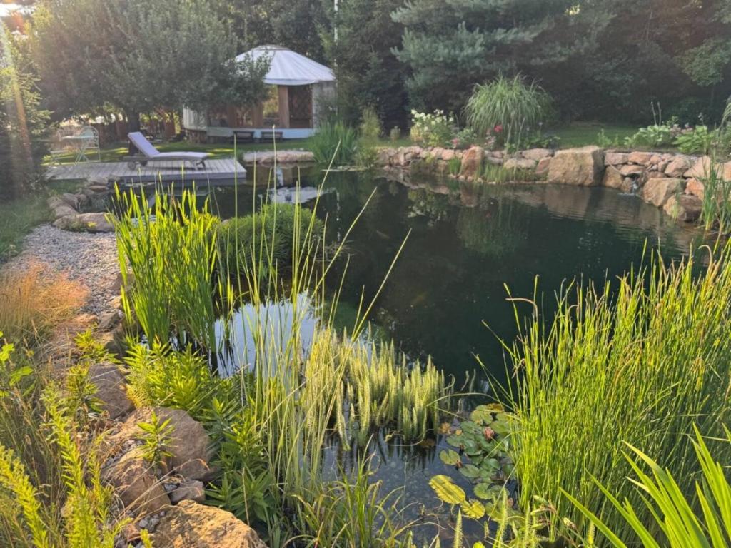 a pond in a garden with a gazebo at Jurta na Souvrati 